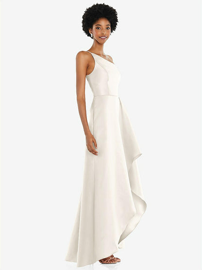 【STYLE: D831】One-Shoulder Satin Gown with Draped Front Slit and Pockets【COLOR: Ivory】