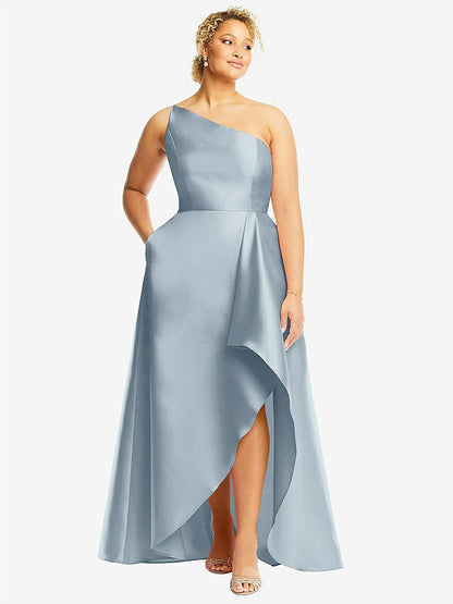 【STYLE: D831】One-Shoulder Satin Gown with Draped Front Slit and Pockets【COLOR: Mist】
