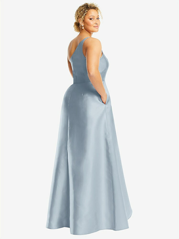 【STYLE: D831】One-Shoulder Satin Gown with Draped Front Slit and Pockets【COLOR: Mist】