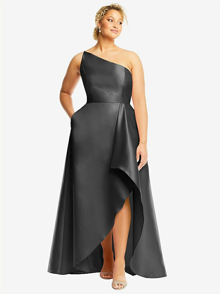 【STYLE: D831】One-Shoulder Satin Gown with Draped Front Slit and Pockets【COLOR: Pewter】