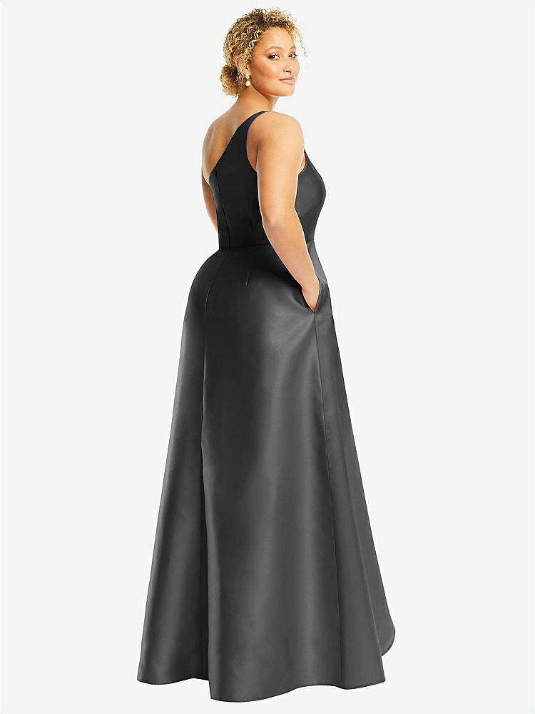 【STYLE: D831】One-Shoulder Satin Gown with Draped Front Slit and Pockets【COLOR: Pewter】