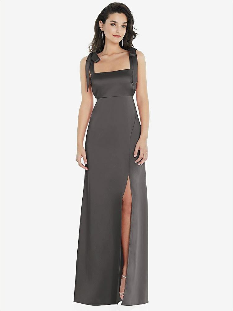 【STYLE: 8224】Flat Tie-Shoulder Empire Waist Maxi Dress with Front Slit【COLOR: Caviar Gray】