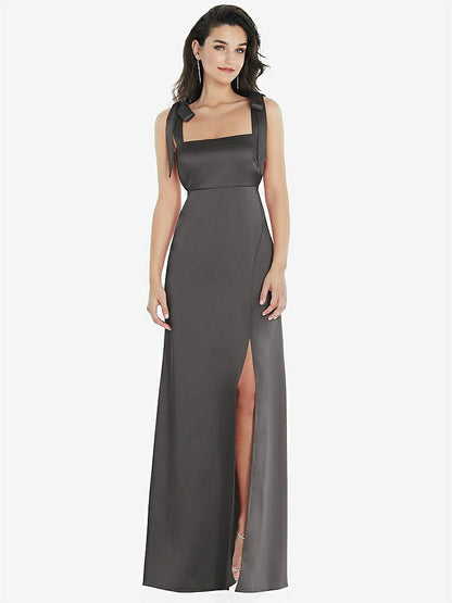 【STYLE: 8224】Flat Tie-Shoulder Empire Waist Maxi Dress with Front Slit【COLOR: Caviar Gray】
