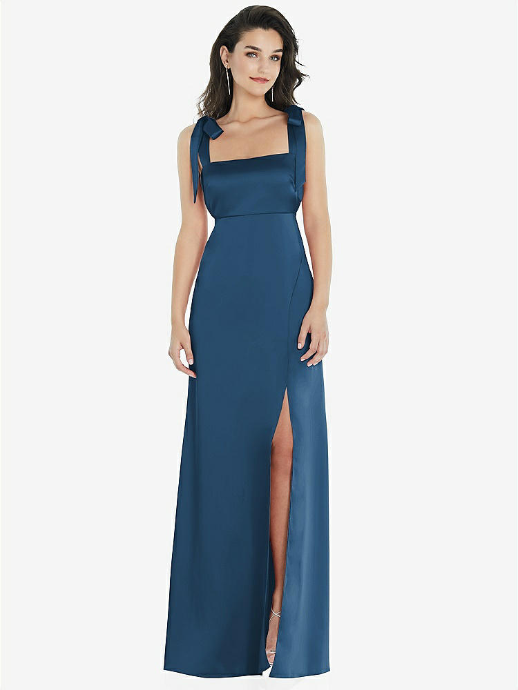 【STYLE: 8224】Flat Tie-Shoulder Empire Waist Maxi Dress with Front Slit【COLOR: Dusk Blue】