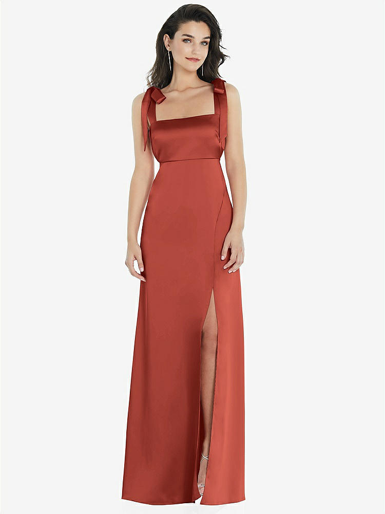 【STYLE: 8224】Flat Tie-Shoulder Empire Waist Maxi Dress with Front Slit【COLOR: Amber Sunset】