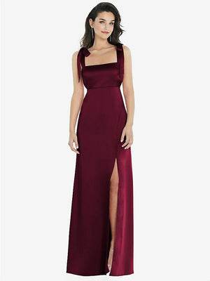 【STYLE: 8224】Flat Tie-Shoulder Empire Waist Maxi Dress with Front Slit【COLOR: Cabernet】
