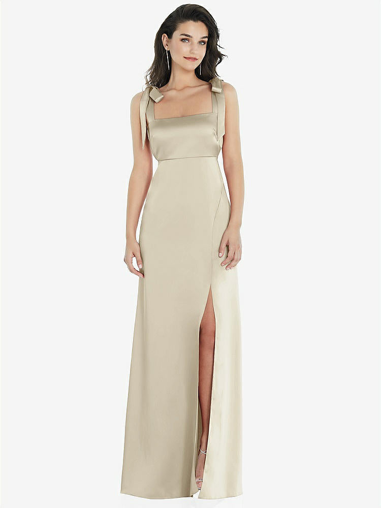 【STYLE: 8224】Flat Tie-Shoulder Empire Waist Maxi Dress with Front Slit【COLOR: Champagne】