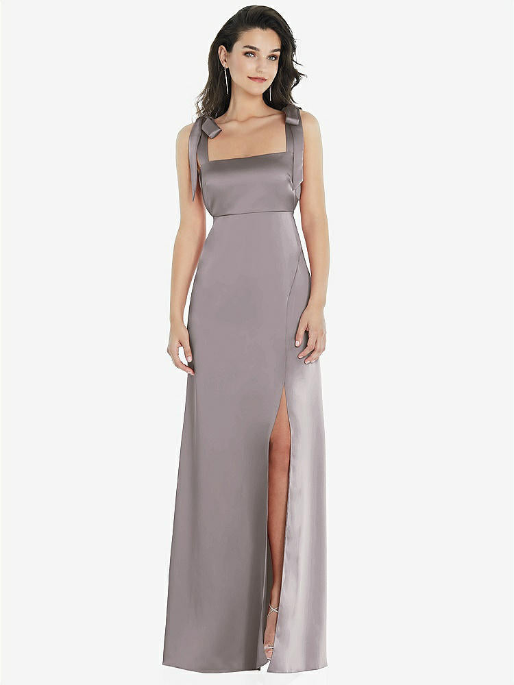 【NEW】【STYLE: 8224】脂肪 ネクタイ肩 帝国 ウエスト マキシ ドレス フロント スリット【COLOR: Cashmere Gray】【SIZE: 00-30W】