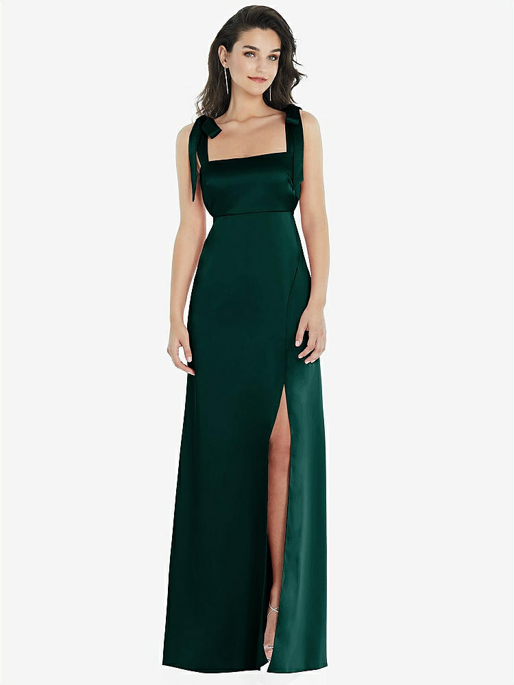 【STYLE: 8224】Flat Tie-Shoulder Empire Waist Maxi Dress with Front Slit【COLOR: Evergreen】