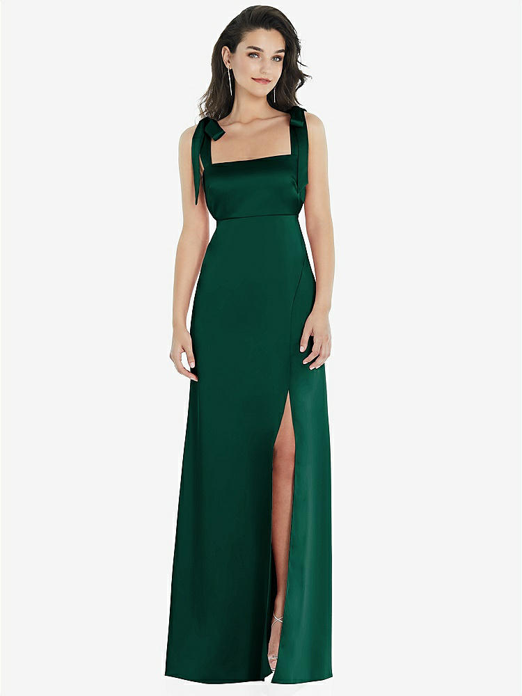 【STYLE: 8224】Flat Tie-Shoulder Empire Waist Maxi Dress with Front Slit【COLOR: Hunter Green】
