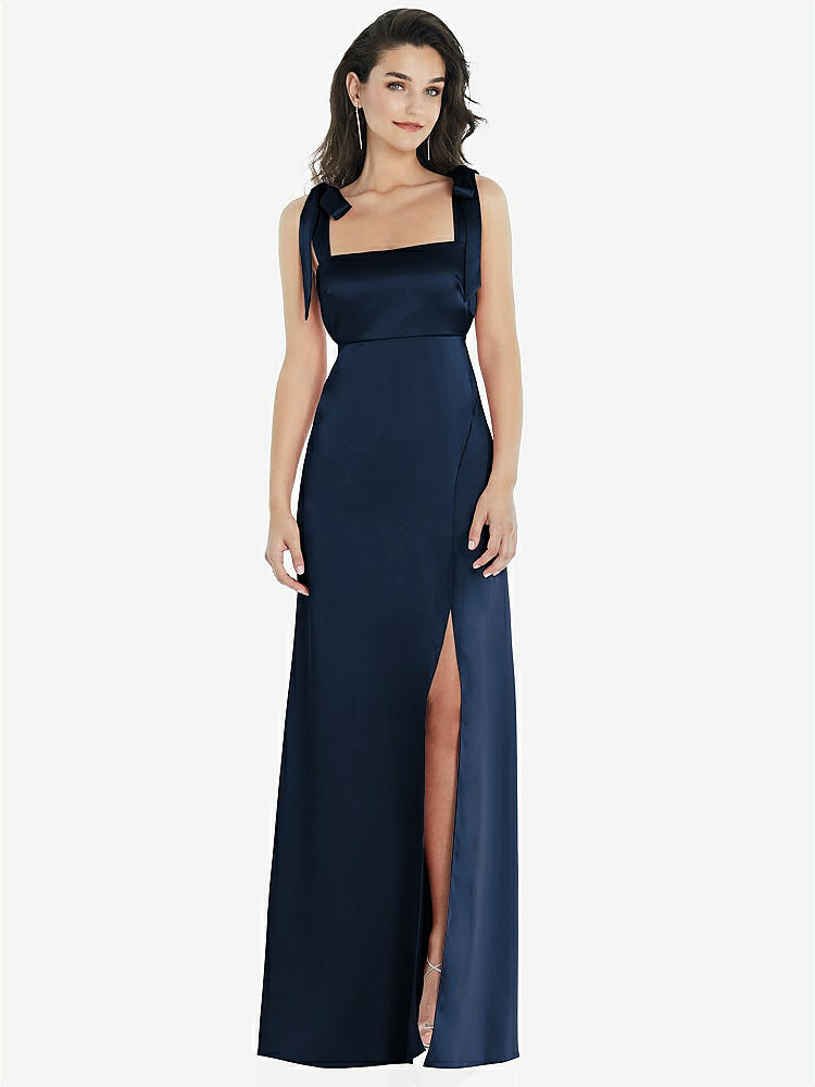 【STYLE: 8224】Flat Tie-Shoulder Empire Waist Maxi Dress with Front Slit【COLOR: Midnight Navy】