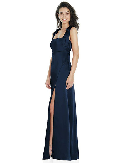 【STYLE: 8224】Flat Tie-Shoulder Empire Waist Maxi Dress with Front Slit【COLOR: Midnight Navy】