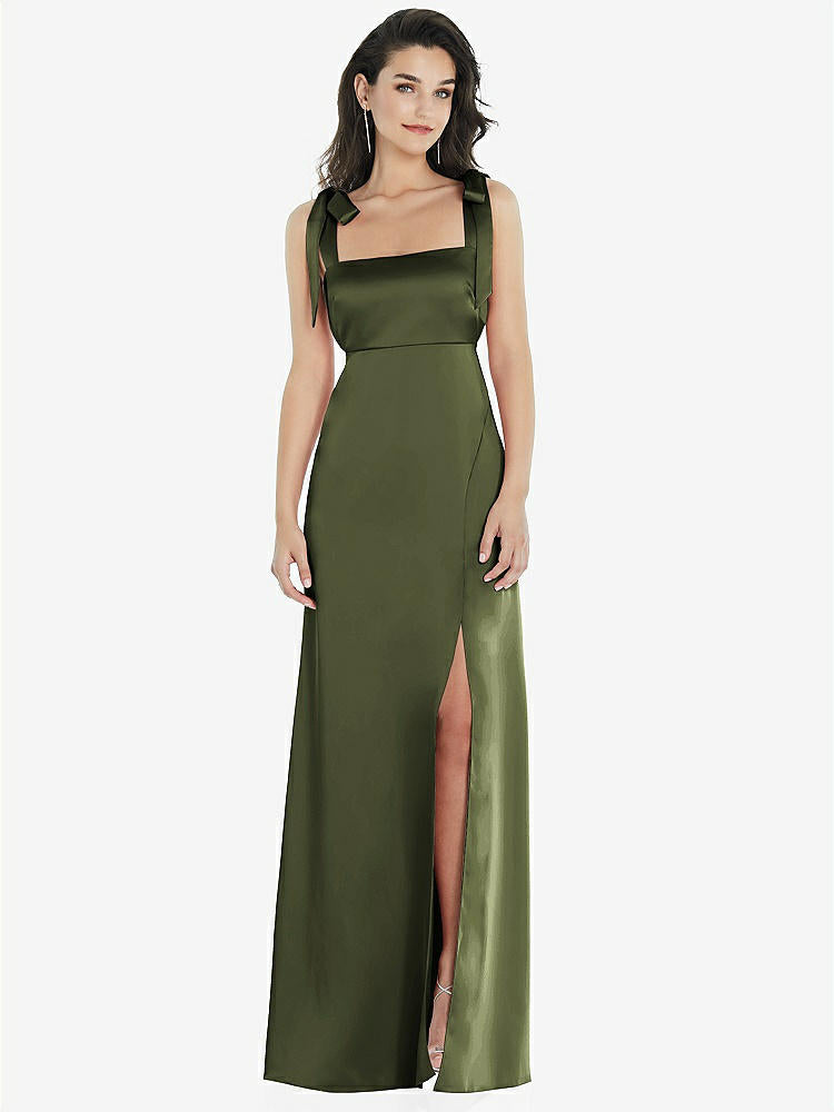 【STYLE: 8224】Flat Tie-Shoulder Empire Waist Maxi Dress with Front Slit【COLOR: Olive Green】
