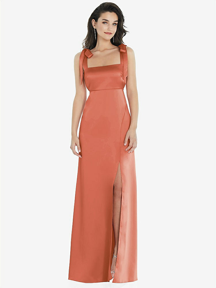【STYLE: 8224】Flat Tie-Shoulder Empire Waist Maxi Dress with Front Slit【COLOR: Terracotta Copper】