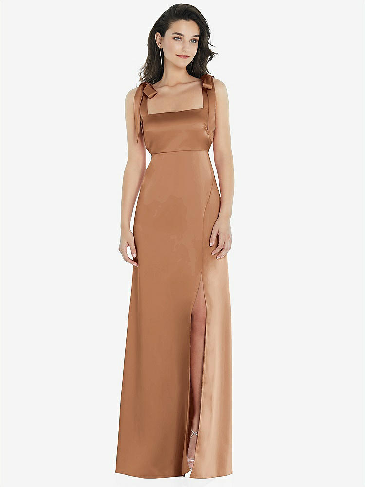 【STYLE: 8224】Flat Tie-Shoulder Empire Waist Maxi Dress with Front Slit【COLOR: Toffee】
