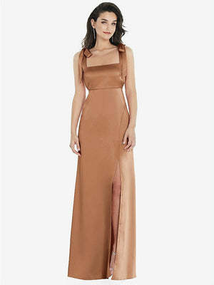 【STYLE: 8224】Flat Tie-Shoulder Empire Waist Maxi Dress with Front Slit【COLOR: Toffee】