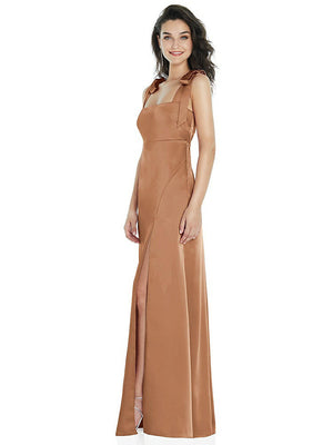【STYLE: 8224】Flat Tie-Shoulder Empire Waist Maxi Dress with Front Slit【COLOR: Toffee】
