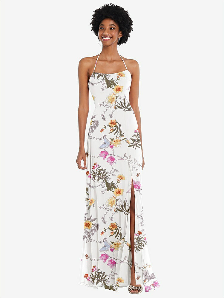 【STYLE: 1559】Scoop Neck Convertible Tie-Strap Maxi Dress with Front Slit【COLOR: Butterfly Botanica Ivory】
