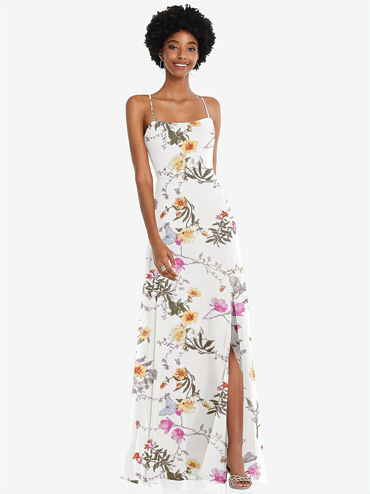 【STYLE: 1559】Scoop Neck Convertible Tie-Strap Maxi Dress with Front Slit【COLOR: Butterfly Botanica Ivory】