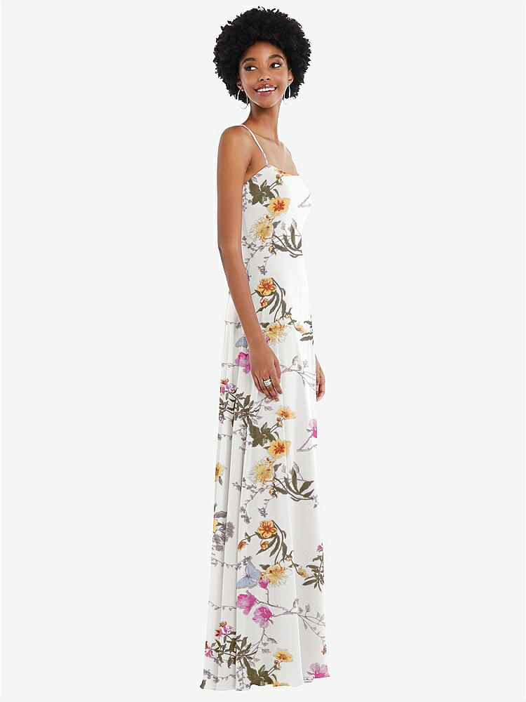 【STYLE: 1559】Scoop Neck Convertible Tie-Strap Maxi Dress with Front Slit【COLOR: Butterfly Botanica Ivory】
