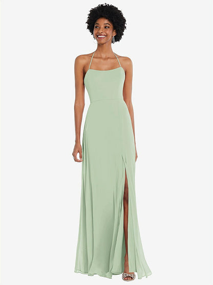 【STYLE: 1559】Scoop Neck Convertible Tie-Strap Maxi Dress with Front Slit【COLOR: Celadon】