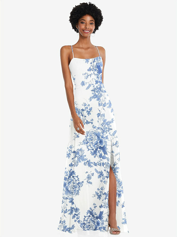 【STYLE: 1559】Scoop Neck Convertible Tie-Strap Maxi Dress with Front Slit【COLOR: Cottage Rose Dusk Blue】