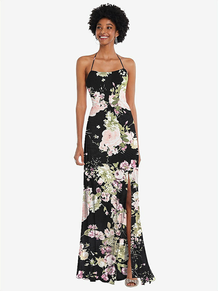 【STYLE: 1559】Scoop Neck Convertible Tie-Strap Maxi Dress with Front Slit【COLOR: Noir Garden】