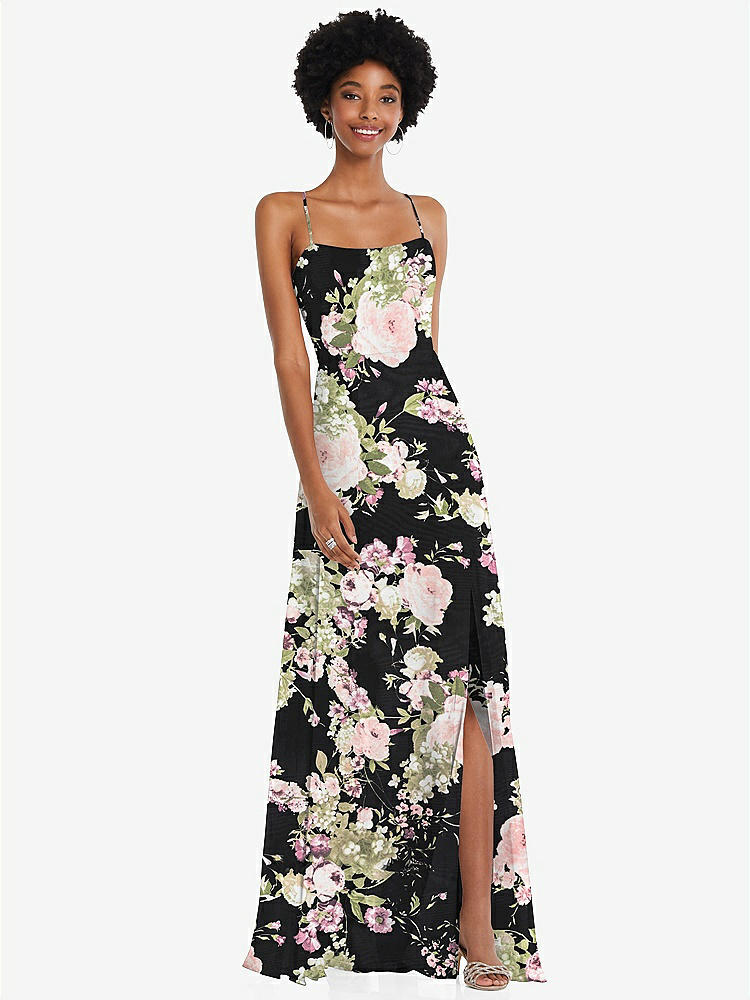 【STYLE: 1559】Scoop Neck Convertible Tie-Strap Maxi Dress with Front Slit【COLOR: Noir Garden】