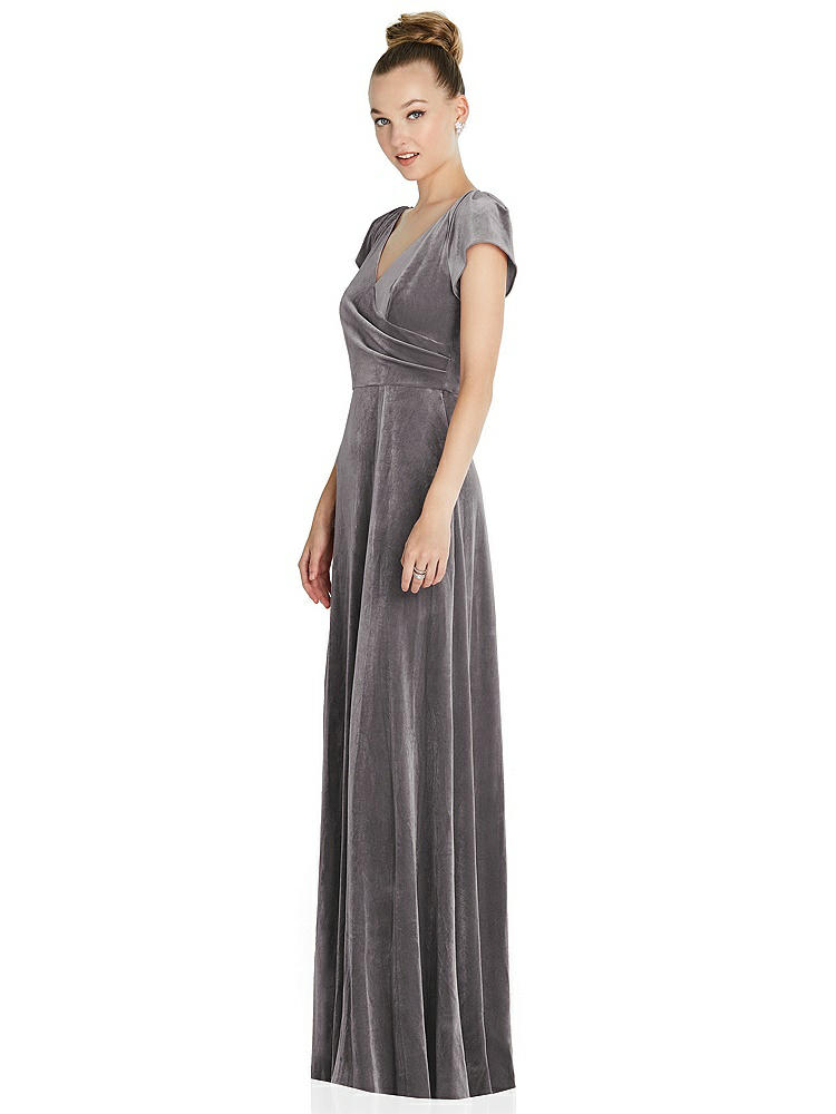 【NEW】【STYLE: 6862】キャップ スリーブ フェイク ラップ ベルベット マキシ ドレス ポケット付き【COLOR: Caviar Gray】【SIZE: 00-30W】