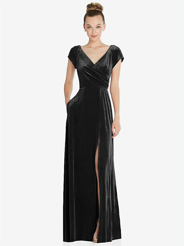 【STYLE: 6862】Cap Sleeve Faux Wrap Velvet Maxi Dress with Pockets【COLOR: Black】