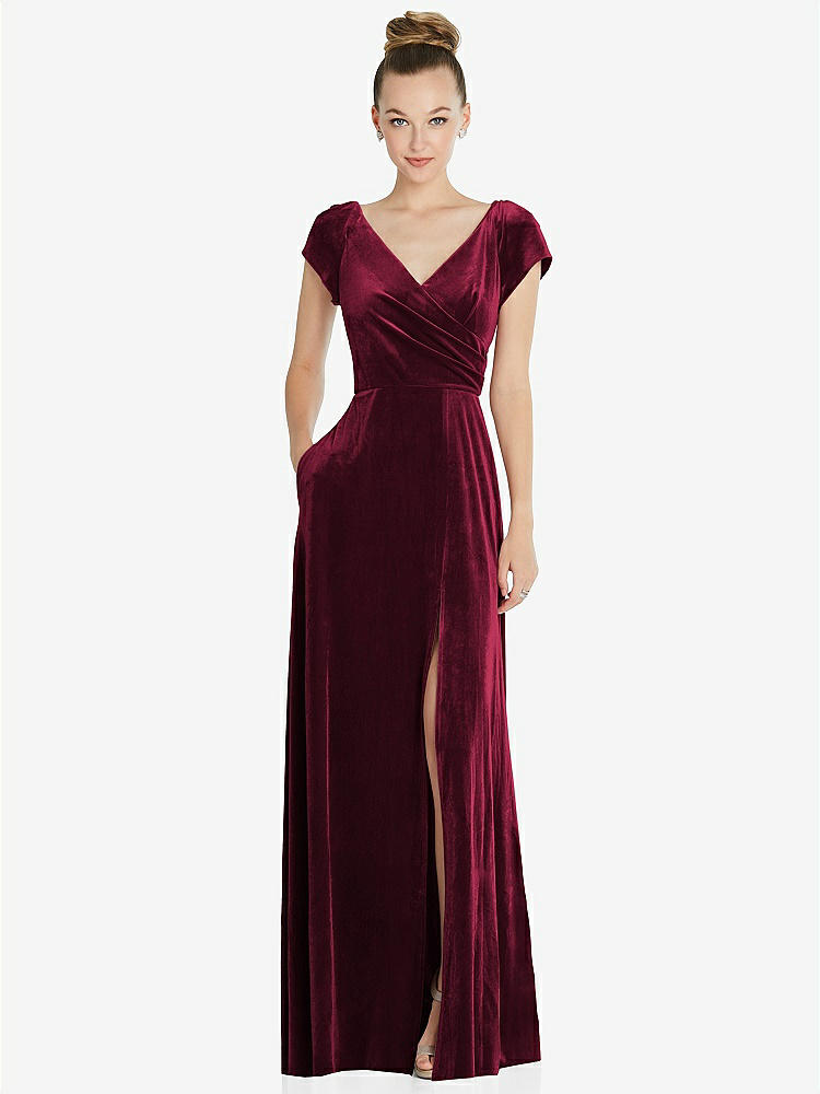 【NEW】【STYLE: 6862】キャップ スリーブ フェイク ラップ ベルベット マキシ ドレス ポケット付き【COLOR: Cabernet】【SIZE: 00-30W】