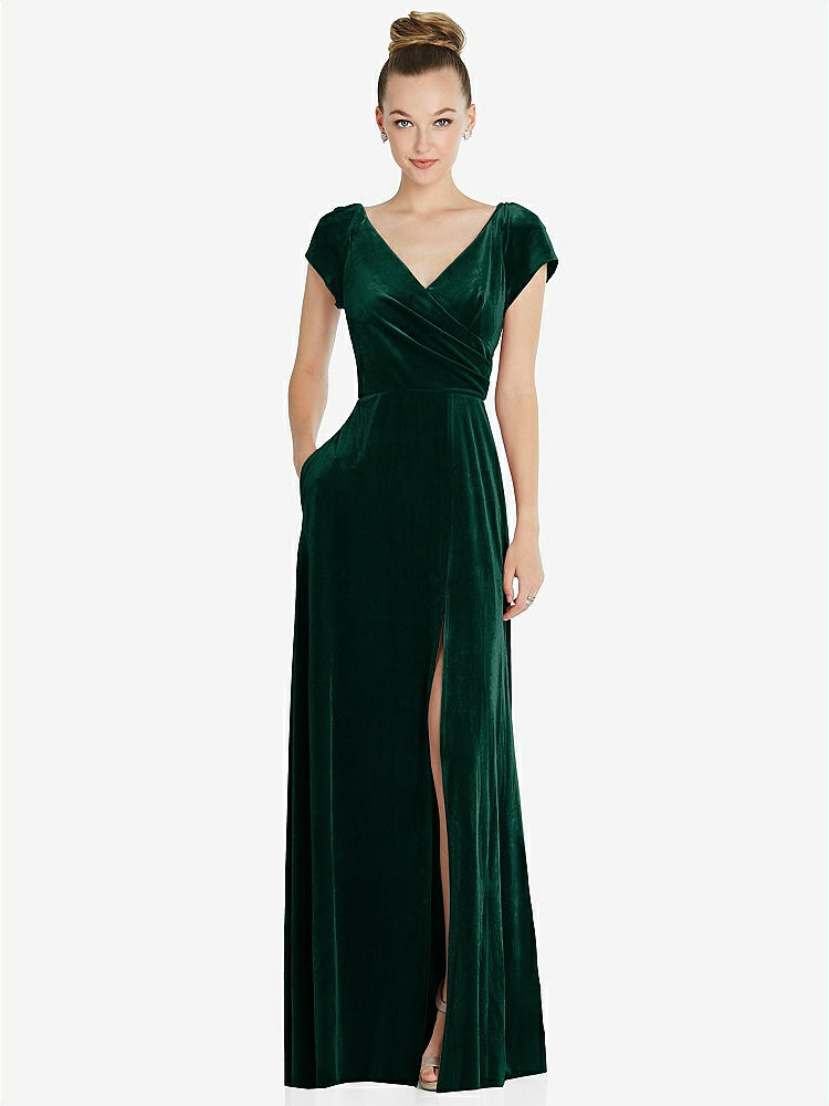 【NEW】【STYLE: 6862】キャップ スリーブ フェイク ラップ ベルベット マキシ ドレス ポケット付き【COLOR: Evergreen】【SIZE: 00-30W】