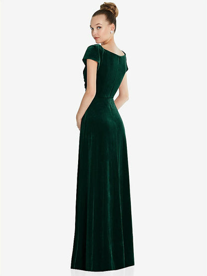 【NEW】【STYLE: 6862】キャップ スリーブ フェイク ラップ ベルベット マキシ ドレス ポケット付き【COLOR: Evergreen】【SIZE: 00-30W】