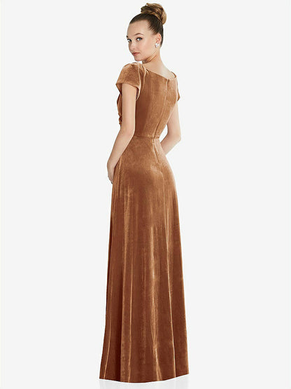 【NEW】【STYLE: 6862】キャップ スリーブ フェイク ラップ ベルベット マキシ ドレス ポケット付き【COLOR: Golden Almond】【SIZE: 00-30W】
