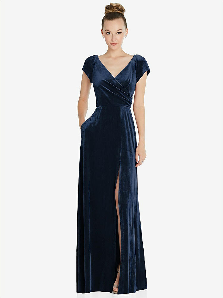 【NEW】【STYLE: 6862】キャップ スリーブ フェイク ラップ ベルベット マキシ ドレス ポケット付き【COLOR: Midnight Navy】【SIZE: 00-30W】