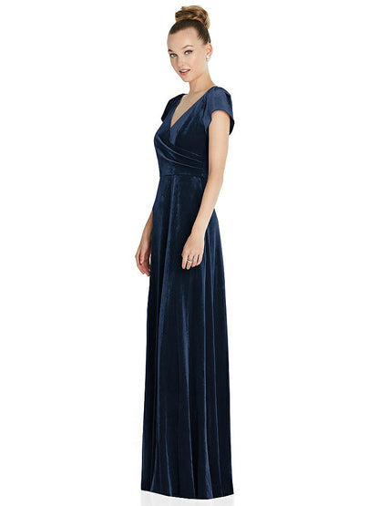 【NEW】【STYLE: 6862】キャップ スリーブ フェイク ラップ ベルベット マキシ ドレス ポケット付き【COLOR: Midnight Navy】【SIZE: 00-30W】