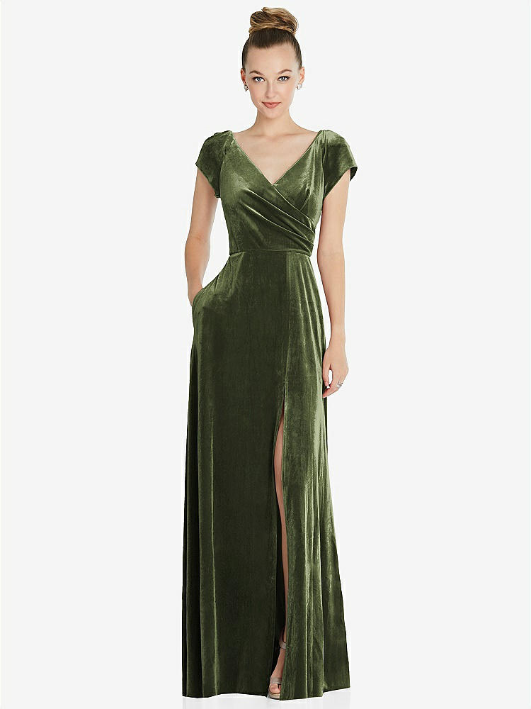 【STYLE: 6862】Cap Sleeve Faux Wrap Velvet Maxi Dress with Pockets【COLOR: Olive Green】