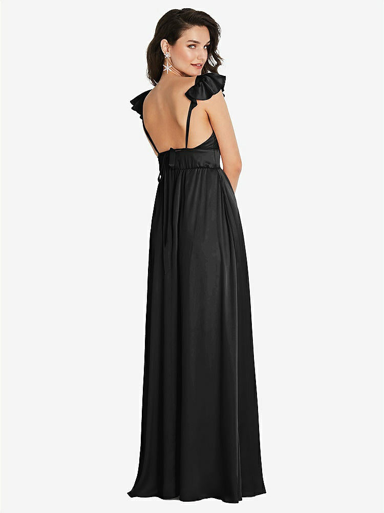 【STYLE: TH094】Deep V-Neck Ruffle Cap Sleeve Maxi Dress with Convertible Straps【COLOR: Black】