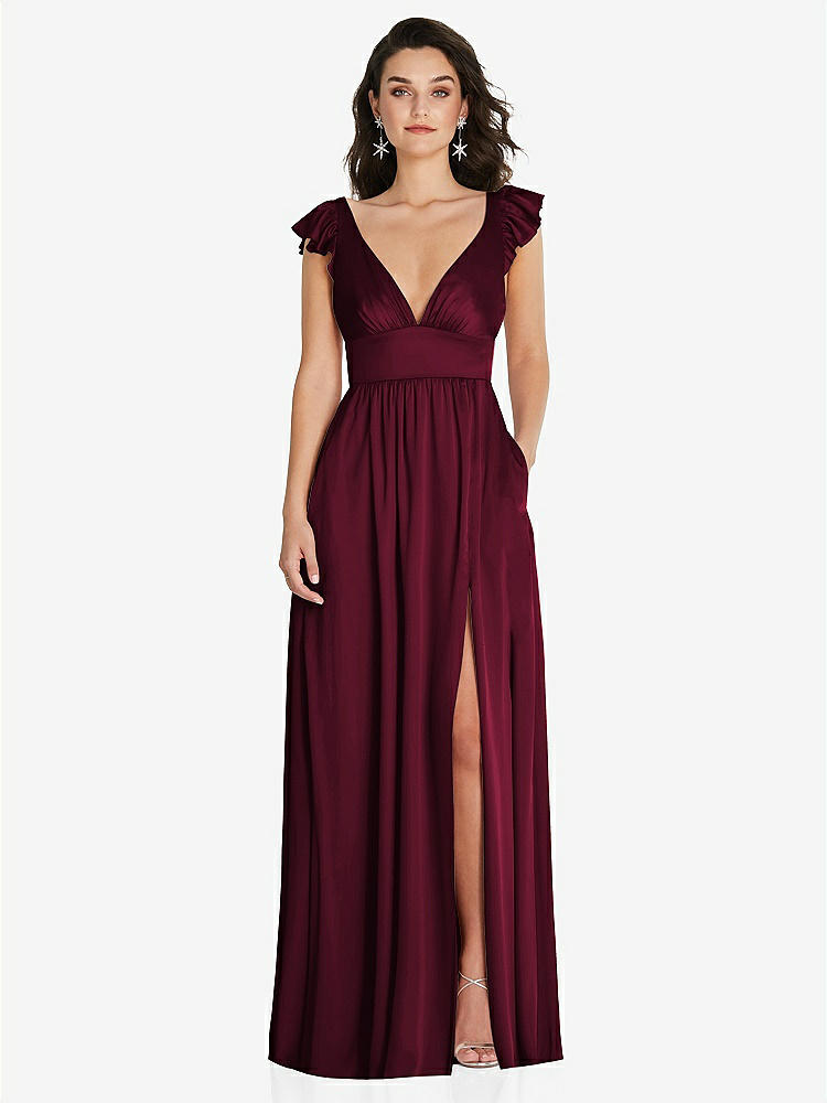 【STYLE: TH094】Deep V-Neck Ruffle Cap Sleeve Maxi Dress with Convertible Straps【COLOR: Cabernet】