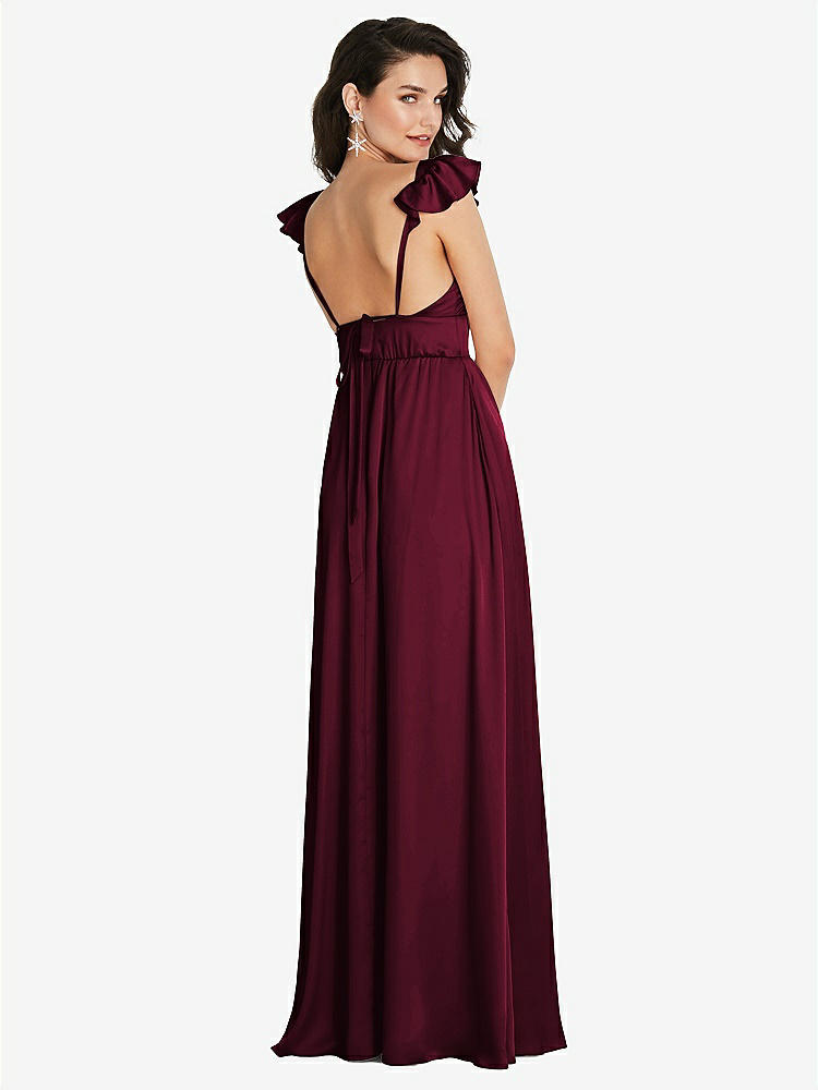 【STYLE: TH094】Deep V-Neck Ruffle Cap Sleeve Maxi Dress with Convertible Straps【COLOR: Cabernet】