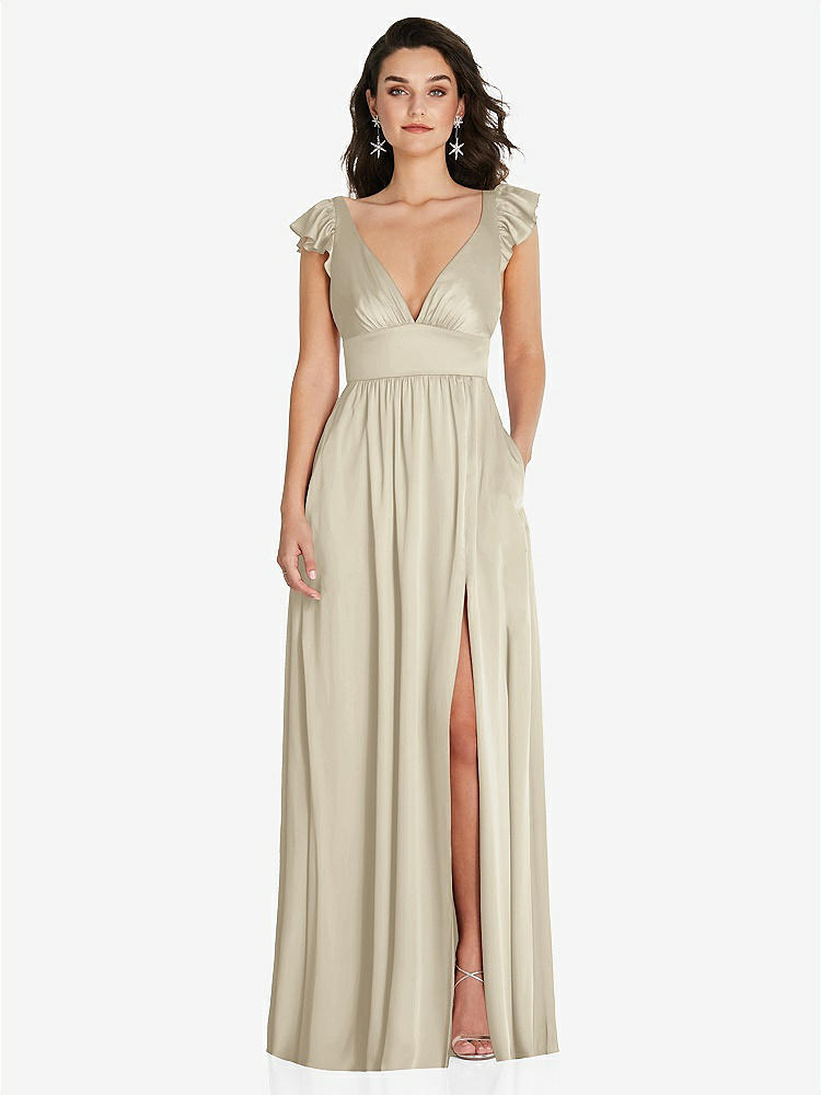 【NEW】【STYLE: TH094】ディープ Vネック フリル キャップ スリーブ マキシ ドレス コンバーチブル ストラップ【COLOR: Champagne】【SIZE: 00-30W】