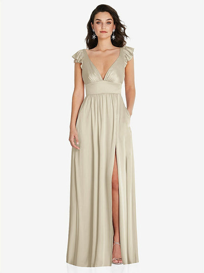 【NEW】【STYLE: TH094】ディープ Vネック フリル キャップ スリーブ マキシ ドレス コンバーチブル ストラップ【COLOR: Champagne】【SIZE: 00-30W】