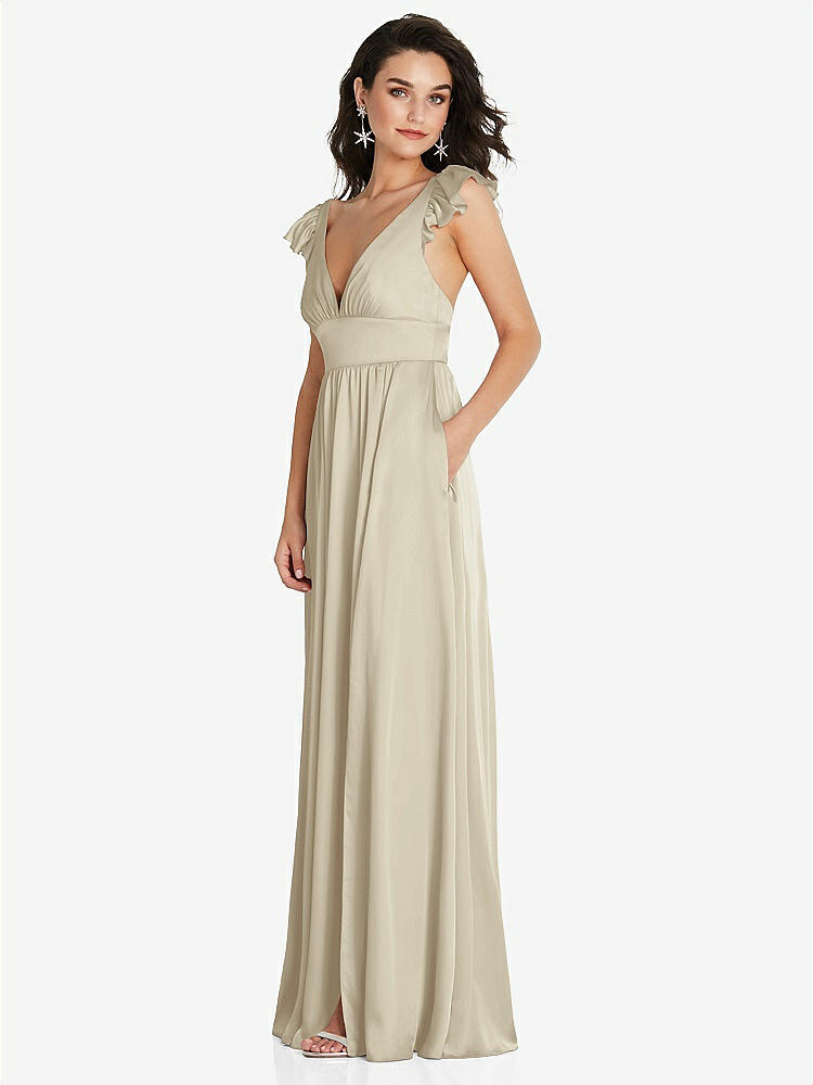 【NEW】【STYLE: TH094】ディープ Vネック フリル キャップ スリーブ マキシ ドレス コンバーチブル ストラップ【COLOR: Champagne】【SIZE: 00-30W】