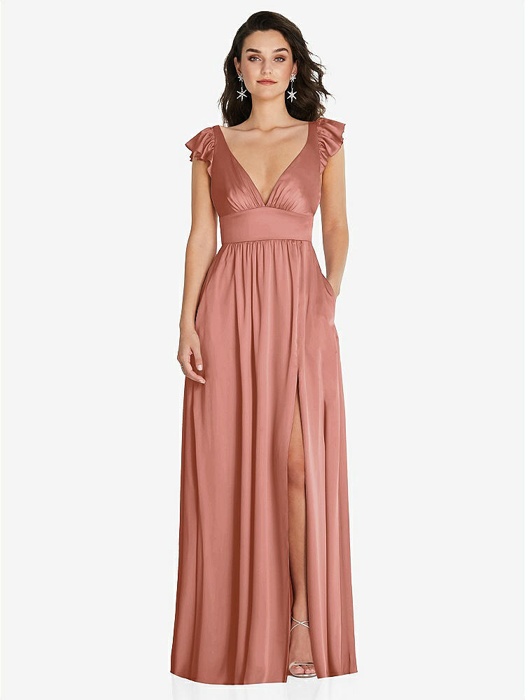 【NEW】【STYLE: TH094】ディープ Vネック フリル キャップ スリーブ マキシ ドレス コンバーチブル ストラップ【COLOR: Desert Rose】【SIZE: 00-30W】