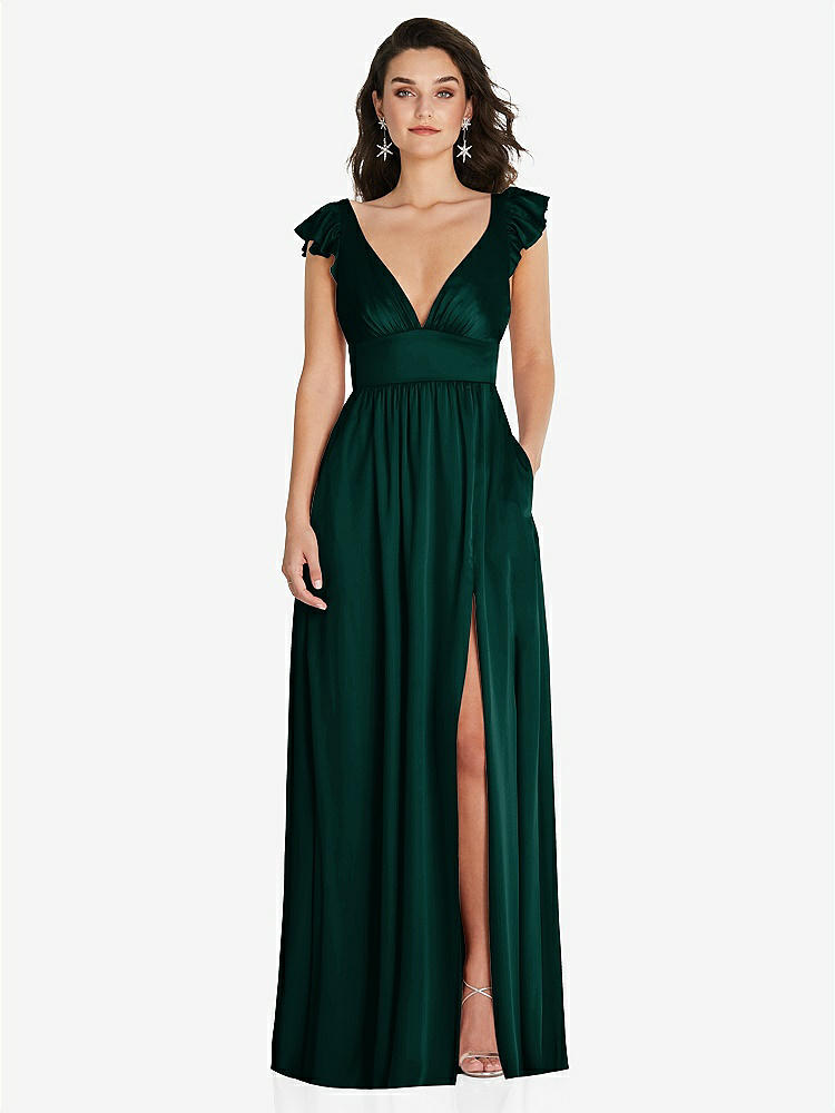 【NEW】【STYLE: TH094】ディープ Vネック フリル キャップ スリーブ マキシ ドレス コンバーチブル ストラップ【COLOR: Evergreen】【SIZE: 00-30W】