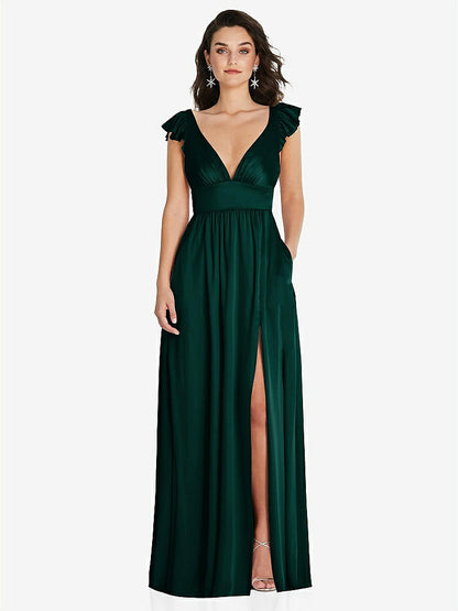 【NEW】【STYLE: TH094】ディープ Vネック フリル キャップ スリーブ マキシ ドレス コンバーチブル ストラップ【COLOR: Evergreen】【SIZE: 00-30W】