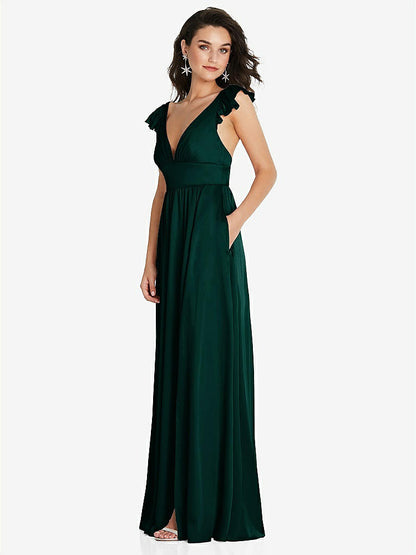 【NEW】【STYLE: TH094】ディープ Vネック フリル キャップ スリーブ マキシ ドレス コンバーチブル ストラップ【COLOR: Evergreen】【SIZE: 00-30W】
