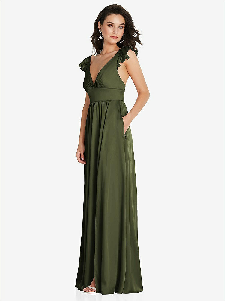 【NEW】【STYLE: TH094】ディープ Vネック フリル キャップ スリーブ マキシ ドレス コンバーチブル ストラップ【COLOR: Olive Green】【SIZE: 00-30W】
