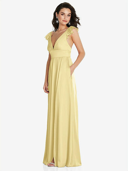 【NEW】【STYLE: TH094】ディープ Vネック フリル キャップ スリーブ マキシ ドレス コンバーチブル ストラップ【COLOR: Pale Yellow】【SIZE: 00-30W】