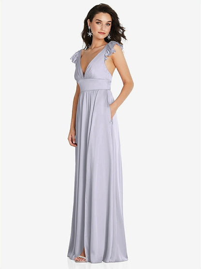 【NEW】【STYLE: TH094】ディープ Vネック フリル キャップ スリーブ マキシ ドレス コンバーチブル ストラップ【COLOR: Silver Dove】【SIZE: 00-30W】